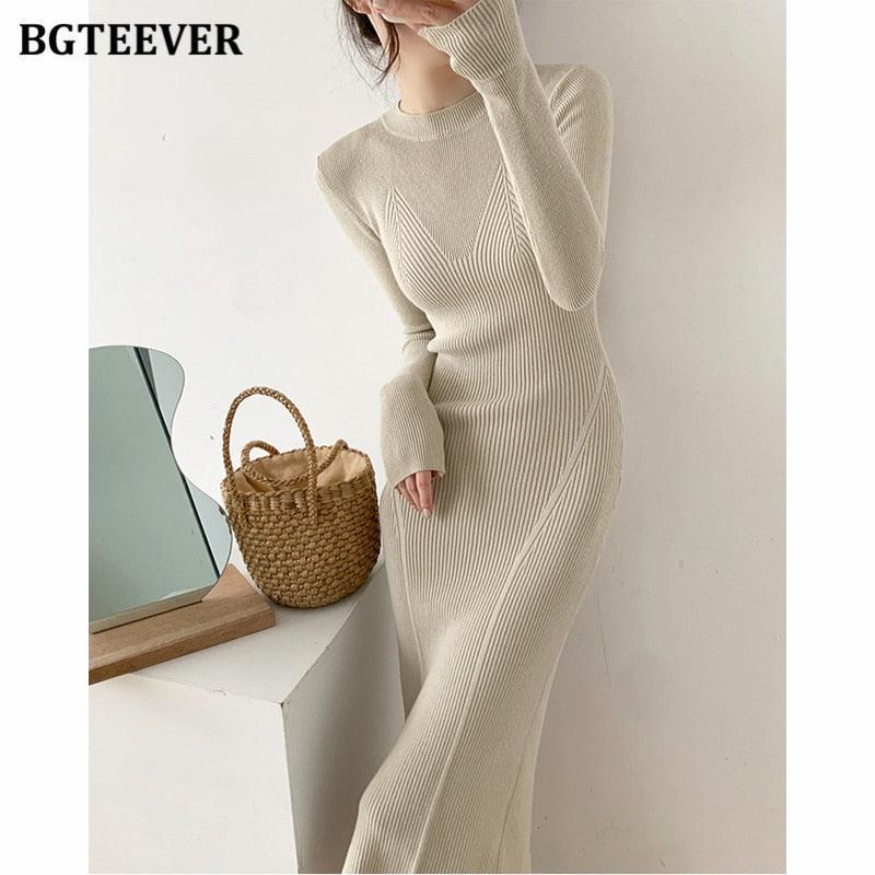 BGTEEVER O-neck Slim Sweaters Bodycon Knitted Dress for Women - HEPSIBAH SHOP