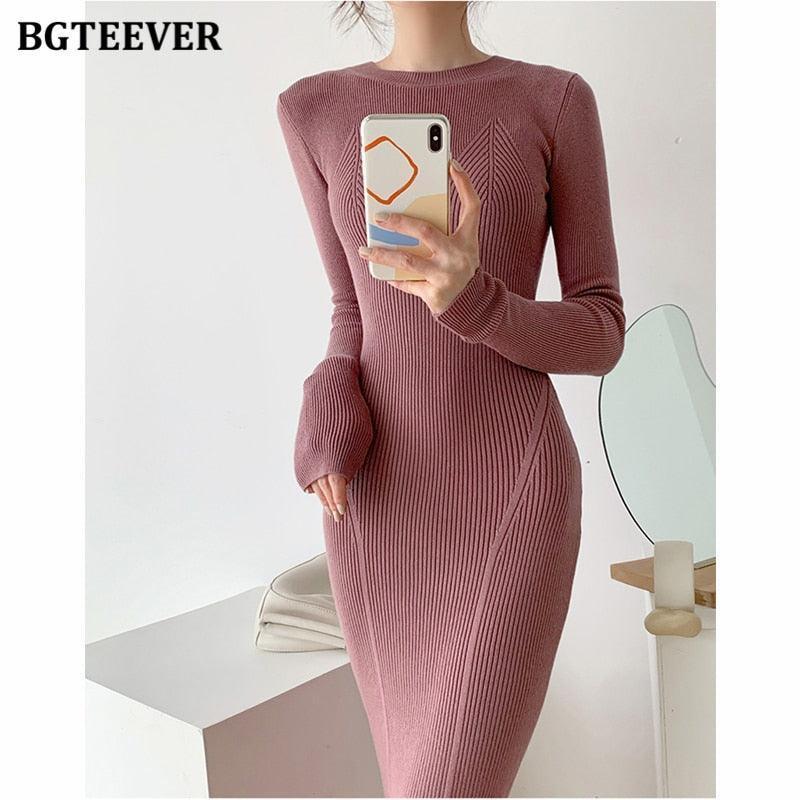 BGTEEVER O-neck Slim Sweaters Bodycon Knitted Dress for Women - HEPSIBAH SHOP