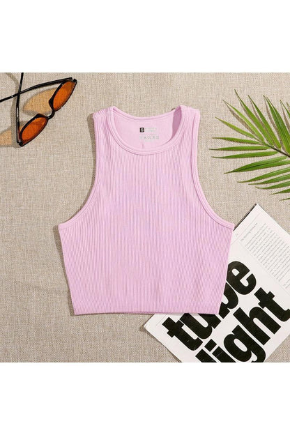 Crop Top Women Solid T-shirts Vest Elastic Rib-Knit - HEPSIBAH SHOP