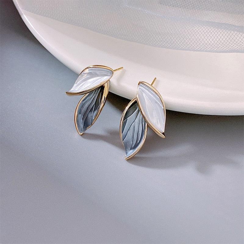 New Korean Sweet Grey Leaf Stud Earrings - HEPSIBAH SHOP