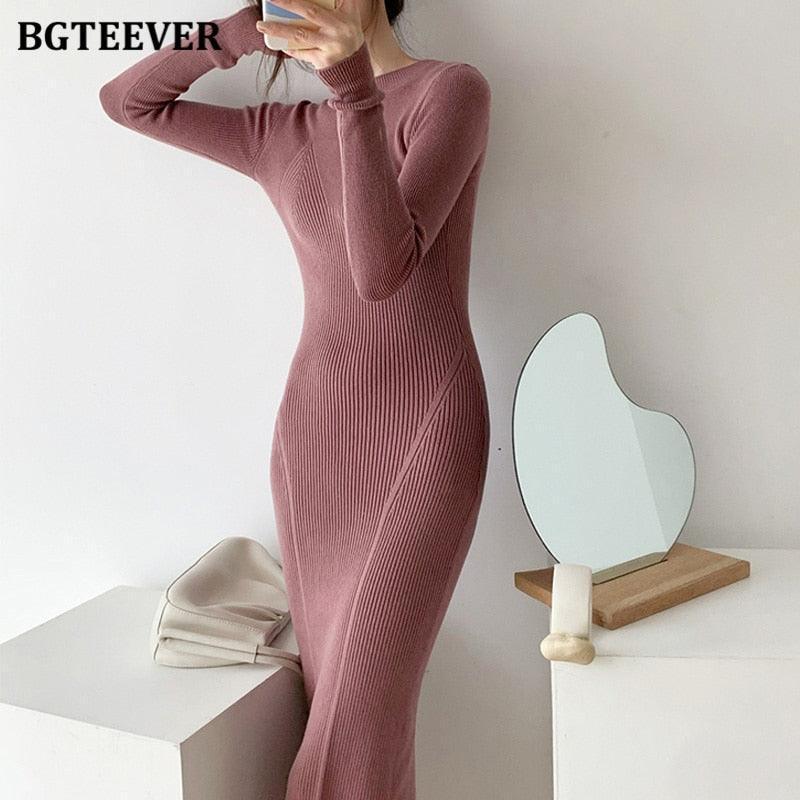 BGTEEVER O-neck Slim Sweaters Bodycon Knitted Dress for Women - HEPSIBAH SHOP