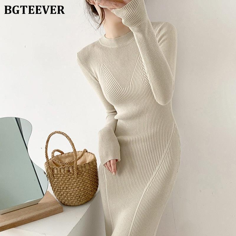 BGTEEVER O-neck Slim Sweaters Bodycon Knitted Dress for Women - HEPSIBAH SHOP