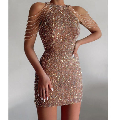 Off Shoulder Gold Sequin Short Dress - HEPSIBAH SHOP