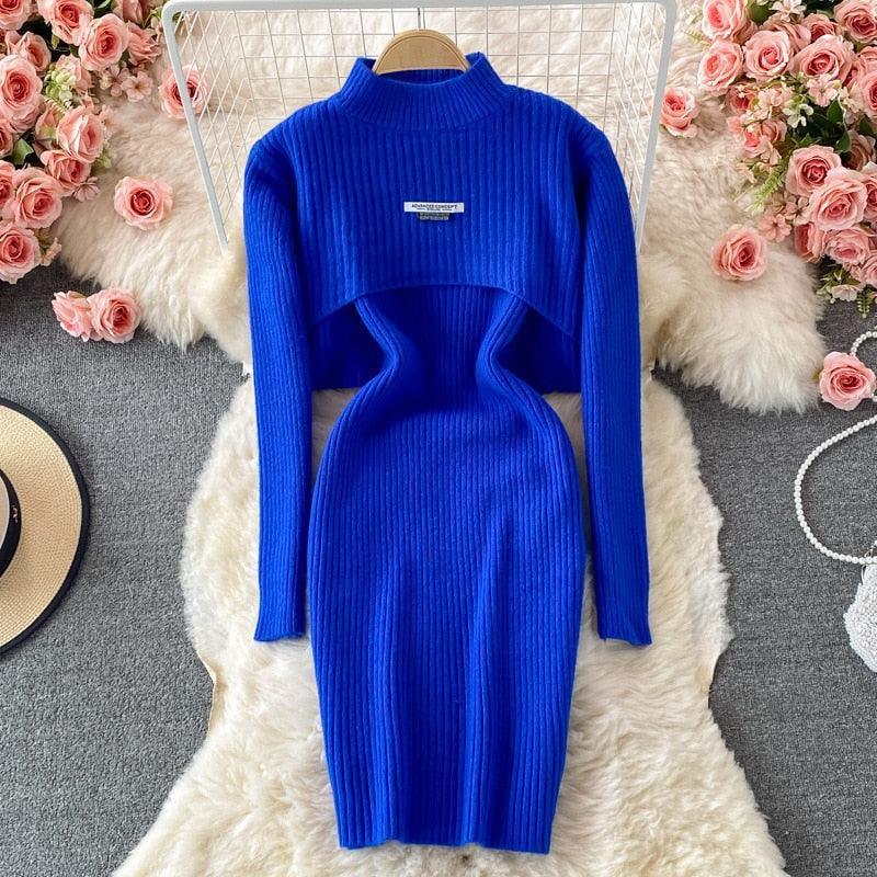 Women Elegant Slim Two Piece Sets Female Sweater Dress Autumn Winter High Waist Knitted Ensemble Femme Medium Long Party Dresses - HEPSIBAH SHOP