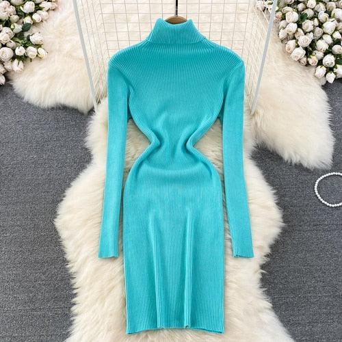 Elegant Turtleneck Long Sleeve Knit Bodycon Pencil Dress - HEPSIBAH SHOP