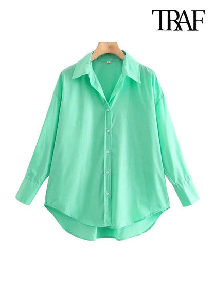 TRAF Women Fashion Loose Asymmetry Poplin Blouses Vintage Long Sleeve Button-up Female Shirts Blusas Chic Tops - HEPSIBAH SHOP