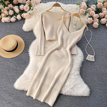 Women Elegant Slim Two Piece Sets Female Sweater Dress Autumn Winter High Waist Knitted Ensemble Femme Medium Long Party Dresses - HEPSIBAH SHOP