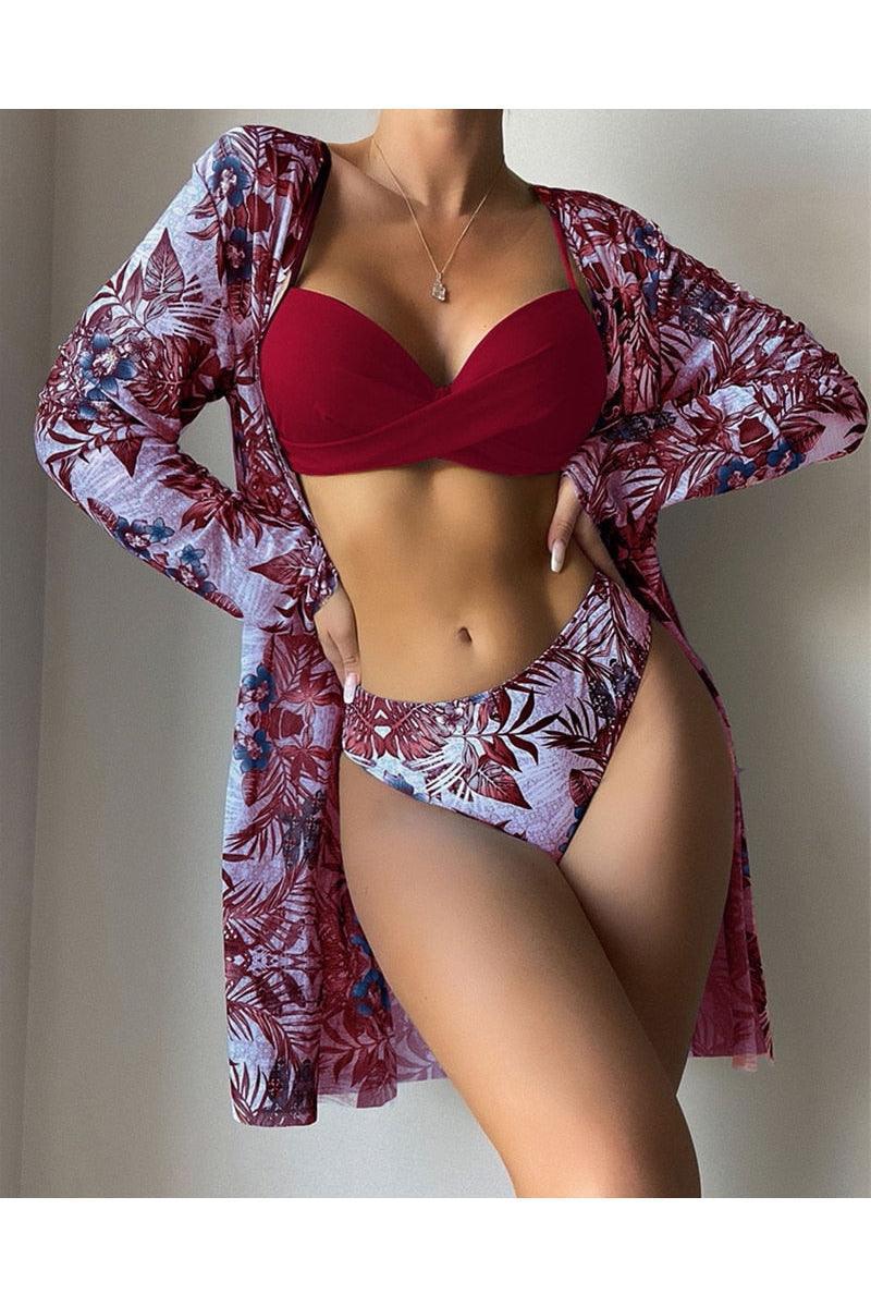 Floral Twist Low Waist Bikini Set Cover Up Swimsuit - HEPSIBAH SHOP