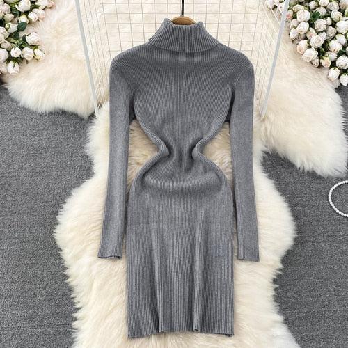 Elegant Turtleneck Long Sleeve Knit Bodycon Pencil Dress - HEPSIBAH SHOP