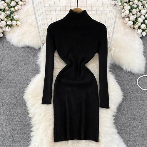 Elegant Turtleneck Long Sleeve Knit Bodycon Pencil Dress - HEPSIBAH SHOP