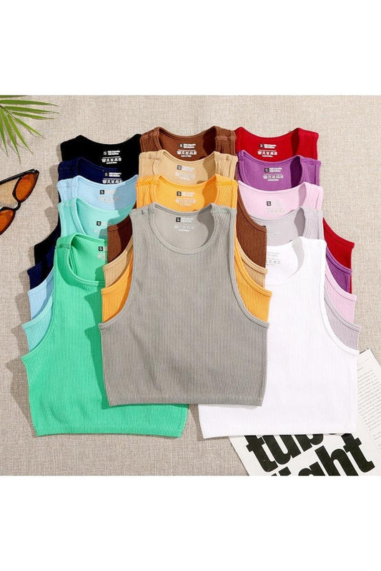 Crop Top Women Solid T-shirts Vest Elastic Rib-Knit - HEPSIBAH SHOP