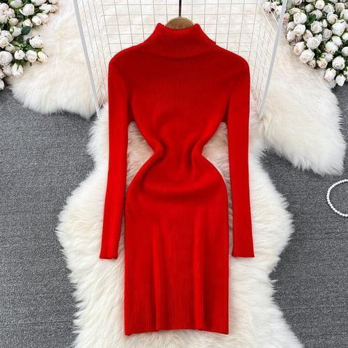 Elegant Turtleneck Long Sleeve Knit Bodycon Pencil Dress - HEPSIBAH SHOP