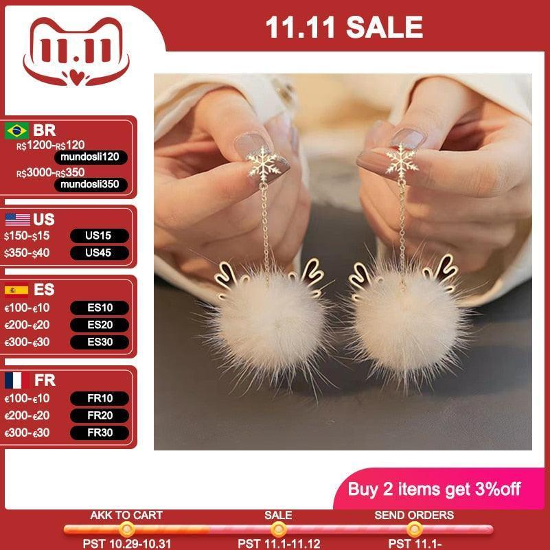 Snowflake Antler Hair Ball Earrings - HEPSIBAH SHOP