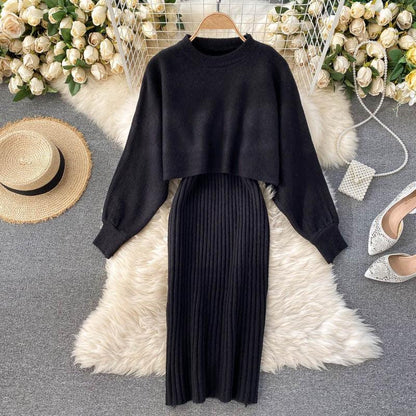 Women Elegant Slim Two Piece Sets Female Sweater Dress Autumn Winter High Waist Knitted Ensemble Femme Medium Long Party Dresses - HEPSIBAH SHOP