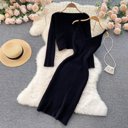 Women Elegant Slim Two Piece Sets Female Sweater Dress Autumn Winter High Waist Knitted Ensemble Femme Medium Long Party Dresses - HEPSIBAH SHOP