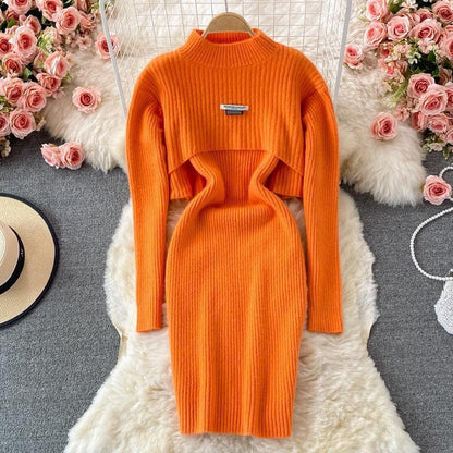 Women Elegant Slim Two Piece Sets Female Sweater Dress Autumn Winter High Waist Knitted Ensemble Femme Medium Long Party Dresses - HEPSIBAH SHOP