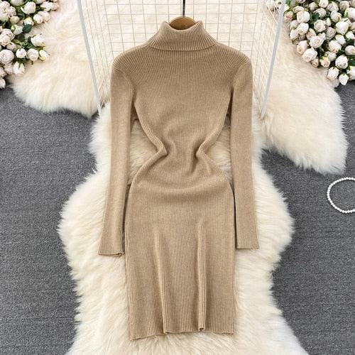 Elegant Turtleneck Long Sleeve Knit Bodycon Pencil Dress - HEPSIBAH SHOP