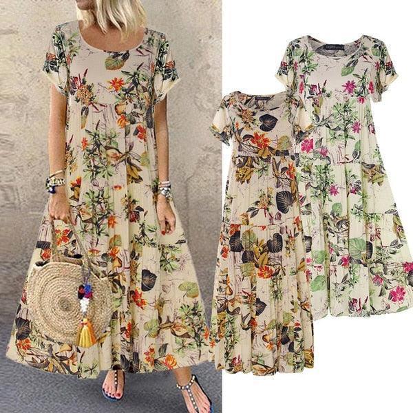 Vintage Floral Long Dress Women Summer Elegant Linen Short Sleeve Boho Maxi Dress Female Holiday Sundress Party Dresses Vestidos - HEPSIBAH SHOP