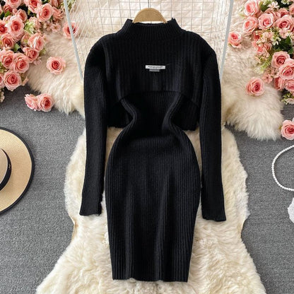 Women Elegant Slim Two Piece Sets Female Sweater Dress Autumn Winter High Waist Knitted Ensemble Femme Medium Long Party Dresses - HEPSIBAH SHOP