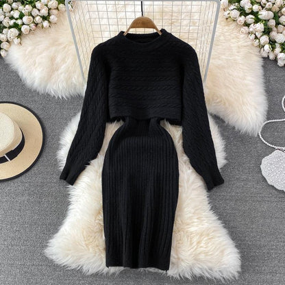 Women Elegant Slim Two Piece Sets Female Sweater Dress Autumn Winter High Waist Knitted Ensemble Femme Medium Long Party Dresses - HEPSIBAH SHOP