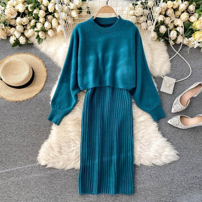 Women Elegant Slim Two Piece Sets Female Sweater Dress Autumn Winter High Waist Knitted Ensemble Femme Medium Long Party Dresses - HEPSIBAH SHOP