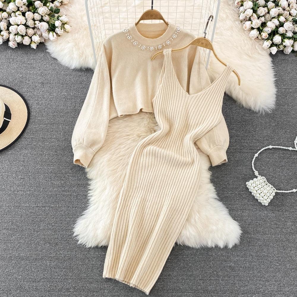 Women Elegant Slim Two Piece Sets Female Sweater Dress Autumn Winter High Waist Knitted Ensemble Femme Medium Long Party Dresses - HEPSIBAH SHOP