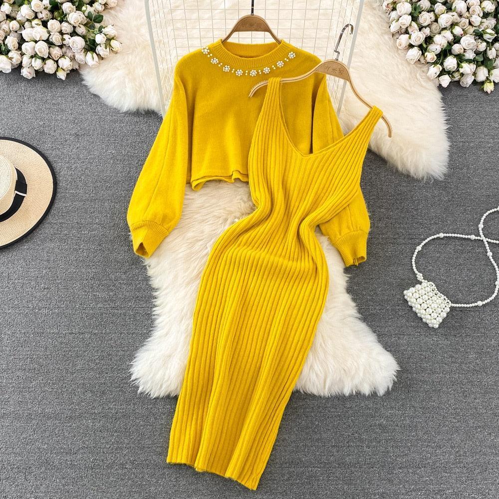 Women Elegant Slim Two Piece Sets Female Sweater Dress Autumn Winter High Waist Knitted Ensemble Femme Medium Long Party Dresses - HEPSIBAH SHOP