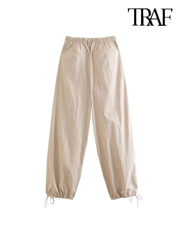 TRAF Women Fashion Side Pockets Pleats Knee Jogging Pants Vintage High Elastic Waist With Drawstring Female Trousers Mujer - HEPSIBAH SHOP