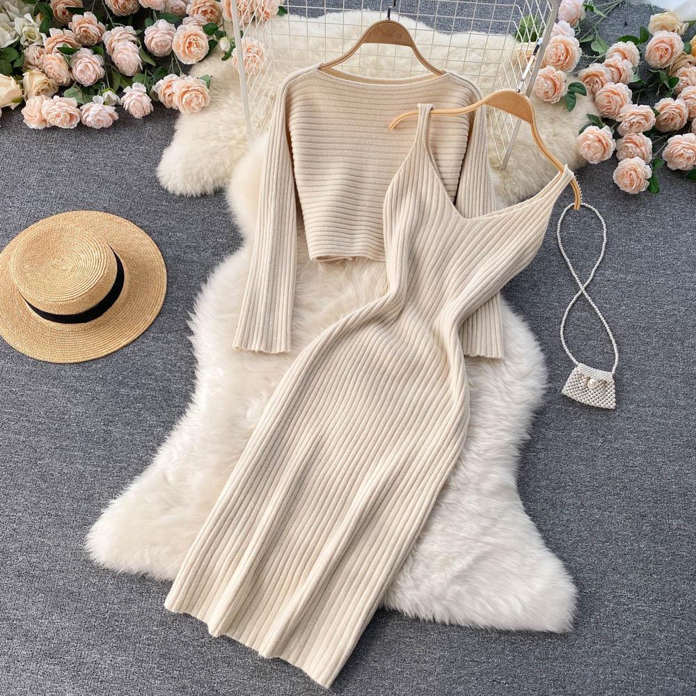 Women Elegant Slim Two Piece Sets Female Sweater Dress Autumn Winter High Waist Knitted Ensemble Femme Medium Long Party Dresses - HEPSIBAH SHOP