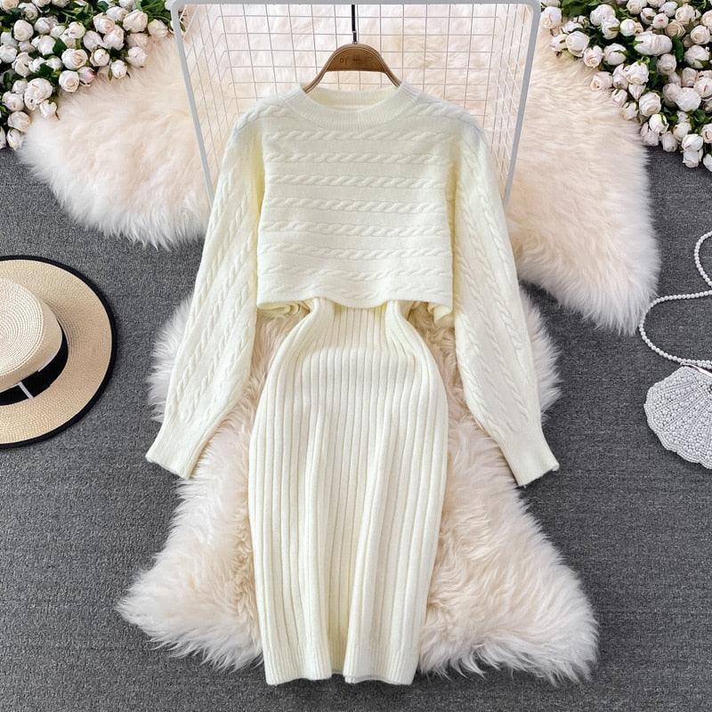 Women Elegant Slim Two Piece Sets Female Sweater Dress Autumn Winter High Waist Knitted Ensemble Femme Medium Long Party Dresses - HEPSIBAH SHOP