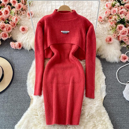 Women Elegant Slim Two Piece Sets Female Sweater Dress Autumn Winter High Waist Knitted Ensemble Femme Medium Long Party Dresses - HEPSIBAH SHOP