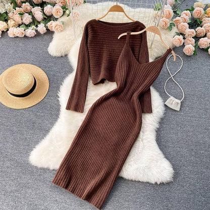 Women Elegant Slim Two Piece Sets Female Sweater Dress Autumn Winter High Waist Knitted Ensemble Femme Medium Long Party Dresses - HEPSIBAH SHOP