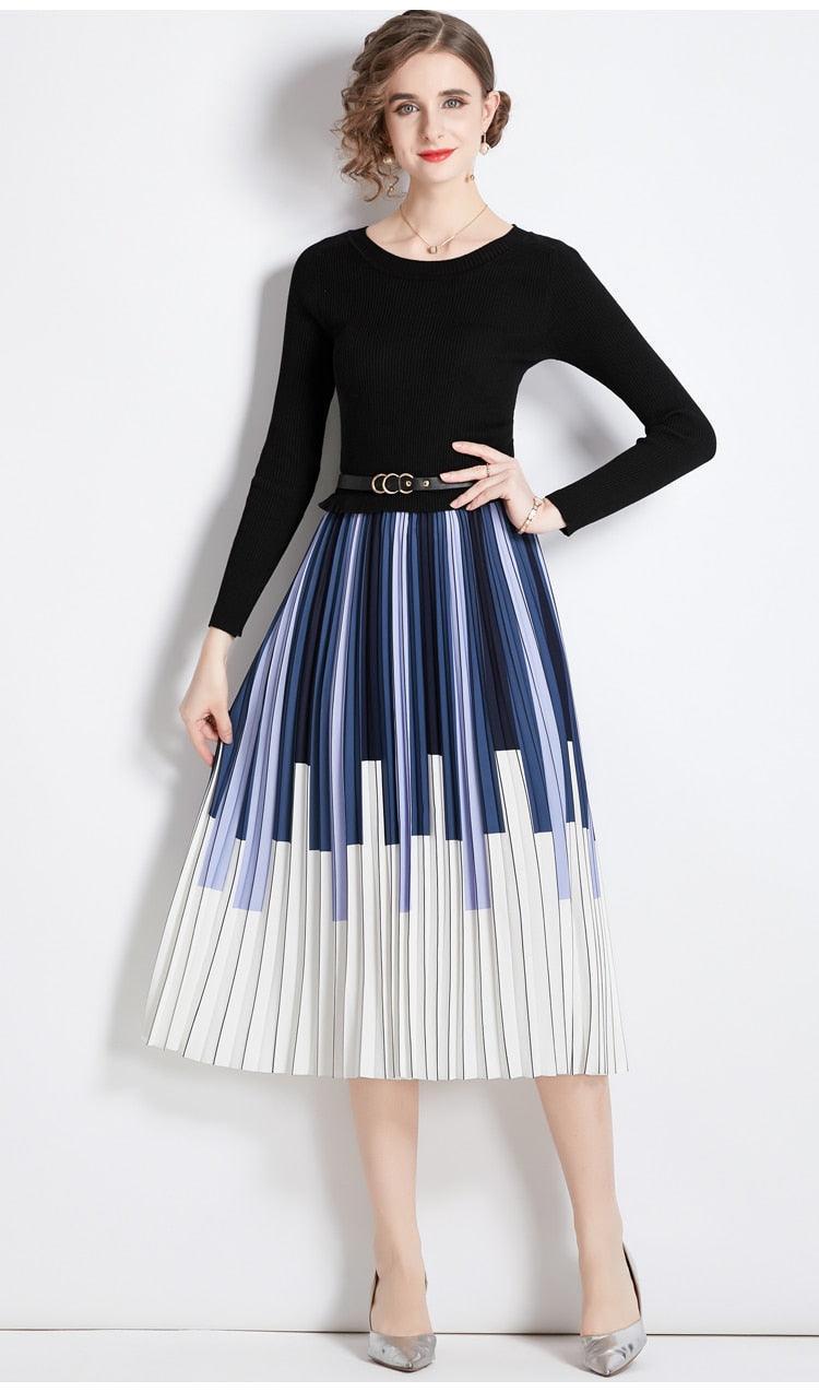 Elegant Knitted Patchwork Contrast Color Pleated Dress - HEPSIBAH SHOP