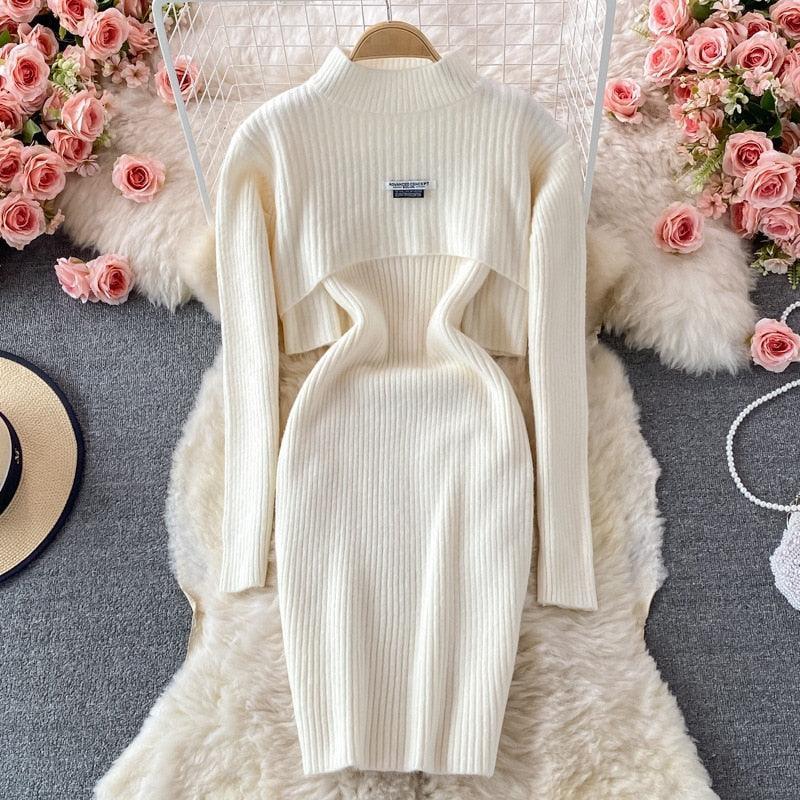 Women Elegant Slim Two Piece Sets Female Sweater Dress Autumn Winter High Waist Knitted Ensemble Femme Medium Long Party Dresses - HEPSIBAH SHOP