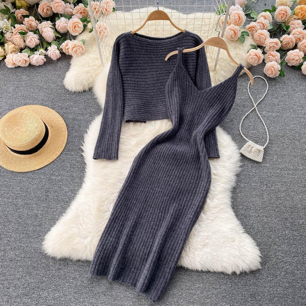 Women Elegant Slim Two Piece Sets Female Sweater Dress Autumn Winter High Waist Knitted Ensemble Femme Medium Long Party Dresses - HEPSIBAH SHOP