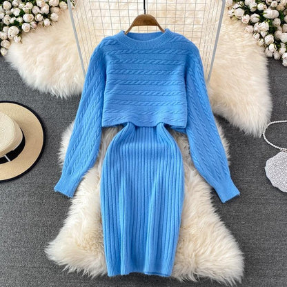 Women Elegant Slim Two Piece Sets Female Sweater Dress Autumn Winter High Waist Knitted Ensemble Femme Medium Long Party Dresses - HEPSIBAH SHOP