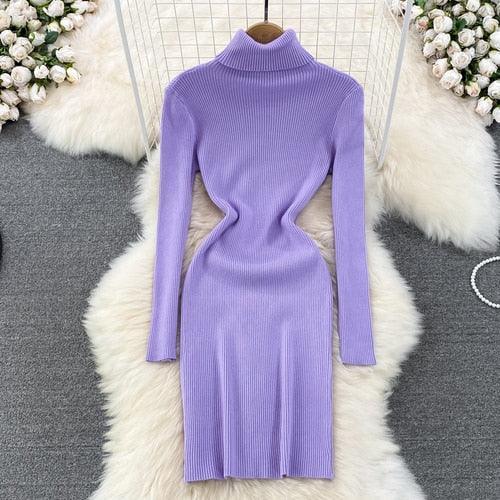 Elegant Turtleneck Long Sleeve Knit Bodycon Pencil Dress - HEPSIBAH SHOP