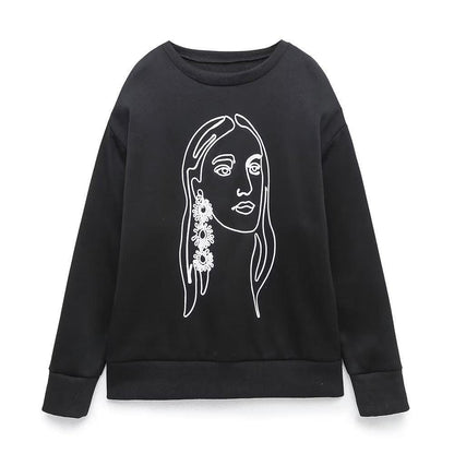 Women 2022 Autumn New Fashion Printing Basic Sweatshirts Vintage O Neck Long Sleeve Female Pullovers Chic Tops - HEPSIBAH SHOP