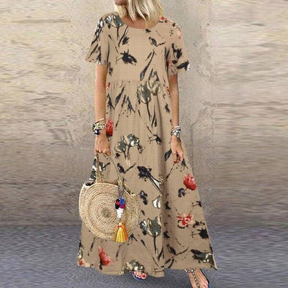 Vintage Floral Long Dress Women Summer Elegant Linen Short Sleeve Boho Maxi Dress Female Holiday Sundress Party Dresses Vestidos - HEPSIBAH SHOP