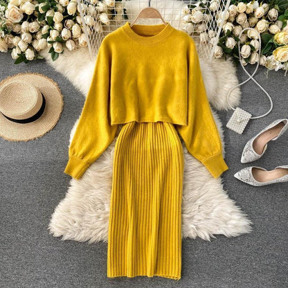 Women Elegant Slim Two Piece Sets Female Sweater Dress Autumn Winter High Waist Knitted Ensemble Femme Medium Long Party Dresses - HEPSIBAH SHOP