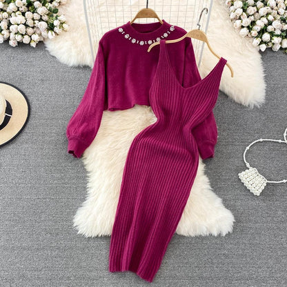 Women Elegant Slim Two Piece Sets Female Sweater Dress Autumn Winter High Waist Knitted Ensemble Femme Medium Long Party Dresses - HEPSIBAH SHOP