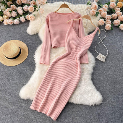 Women Elegant Slim Two Piece Sets Female Sweater Dress Autumn Winter High Waist Knitted Ensemble Femme Medium Long Party Dresses - HEPSIBAH SHOP