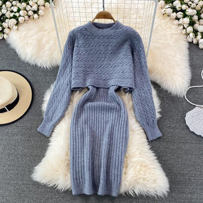 Women Elegant Slim Two Piece Sets Female Sweater Dress Autumn Winter High Waist Knitted Ensemble Femme Medium Long Party Dresses - HEPSIBAH SHOP