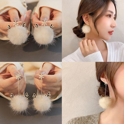 Snowflake Antler Hair Ball Earrings - HEPSIBAH SHOP