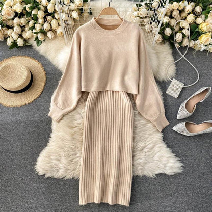 Women Elegant Slim Two Piece Sets Female Sweater Dress Autumn Winter High Waist Knitted Ensemble Femme Medium Long Party Dresses - HEPSIBAH SHOP