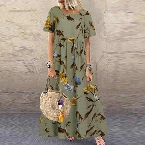 Vintage Floral Long Dress Women Summer Elegant Linen Short Sleeve Boho Maxi Dress Female Holiday Sundress Party Dresses Vestidos - HEPSIBAH SHOP