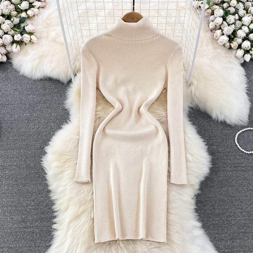 Elegant Turtleneck Long Sleeve Knit Bodycon Pencil Dress - HEPSIBAH SHOP