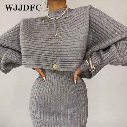 Women Elegant Slim Two Piece Sets Female Sweater Dress Autumn Winter High Waist Knitted Ensemble Femme Medium Long Party Dresses - HEPSIBAH SHOP