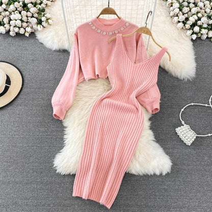 Women Elegant Slim Two Piece Sets Female Sweater Dress Autumn Winter High Waist Knitted Ensemble Femme Medium Long Party Dresses - HEPSIBAH SHOP