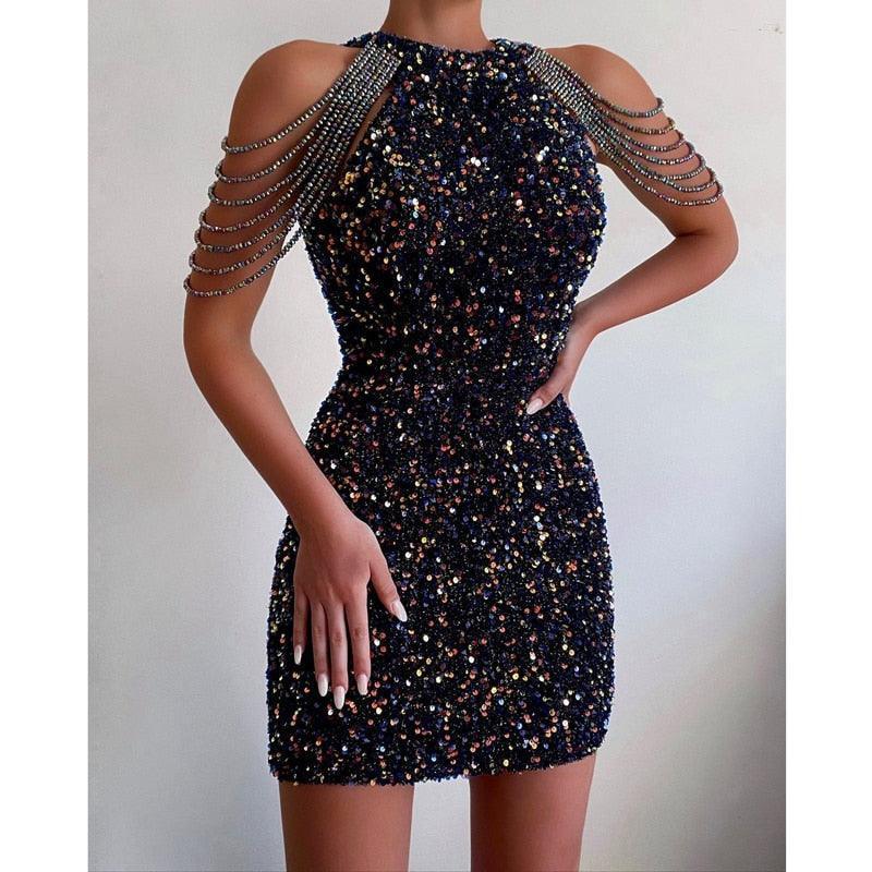 Off Shoulder Gold Sequin Short Dress - HEPSIBAH SHOP